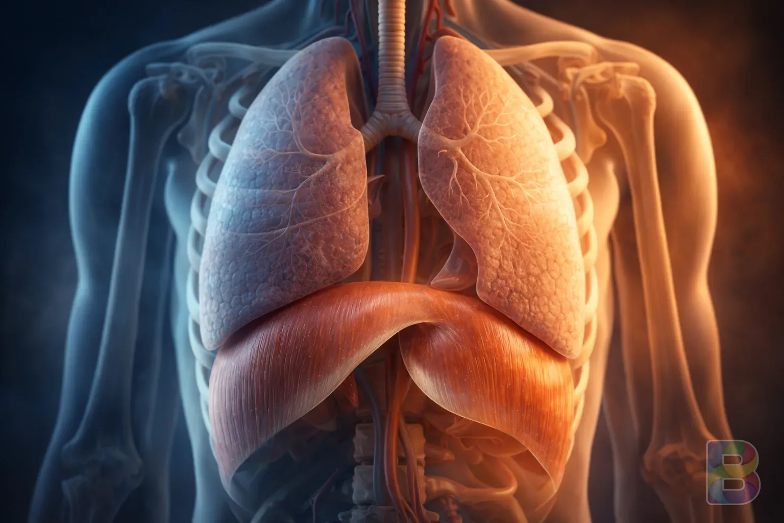 photorealistic, anatomical 3D render of the human diaphragm and lungs, soft blue and warm orange lighting, medical illustration style, high detail