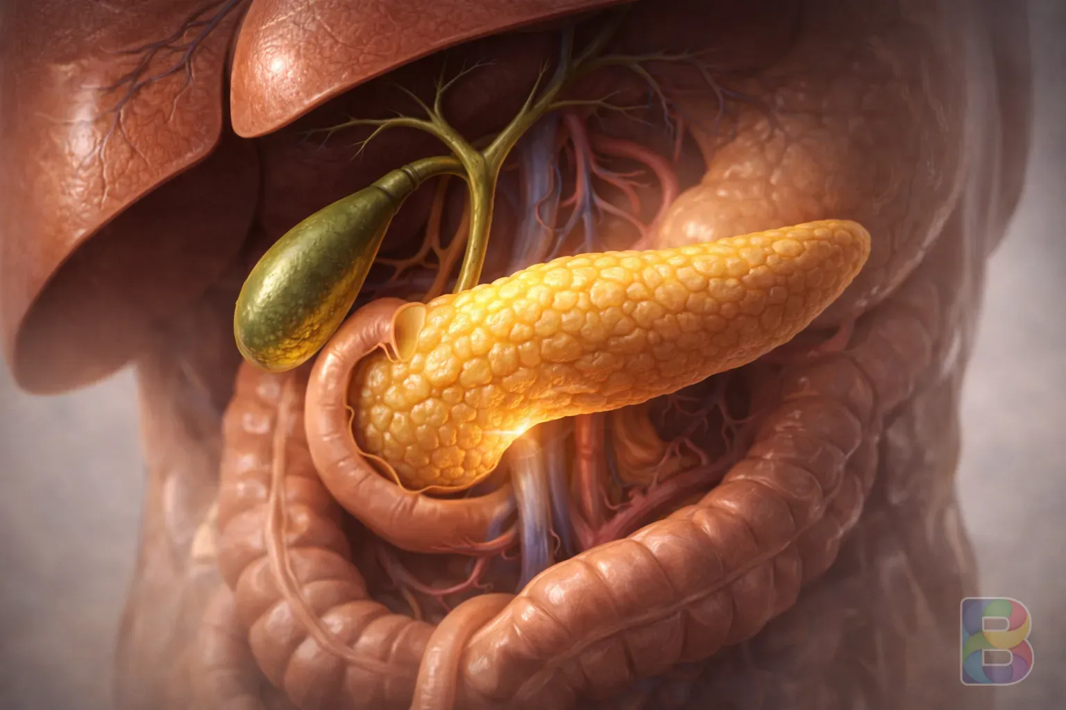 photorealistic, anatomical 3D render of the human pancreas and surrounding organs, soft inner glow, medical illustration style, cinematic lighting, high detail