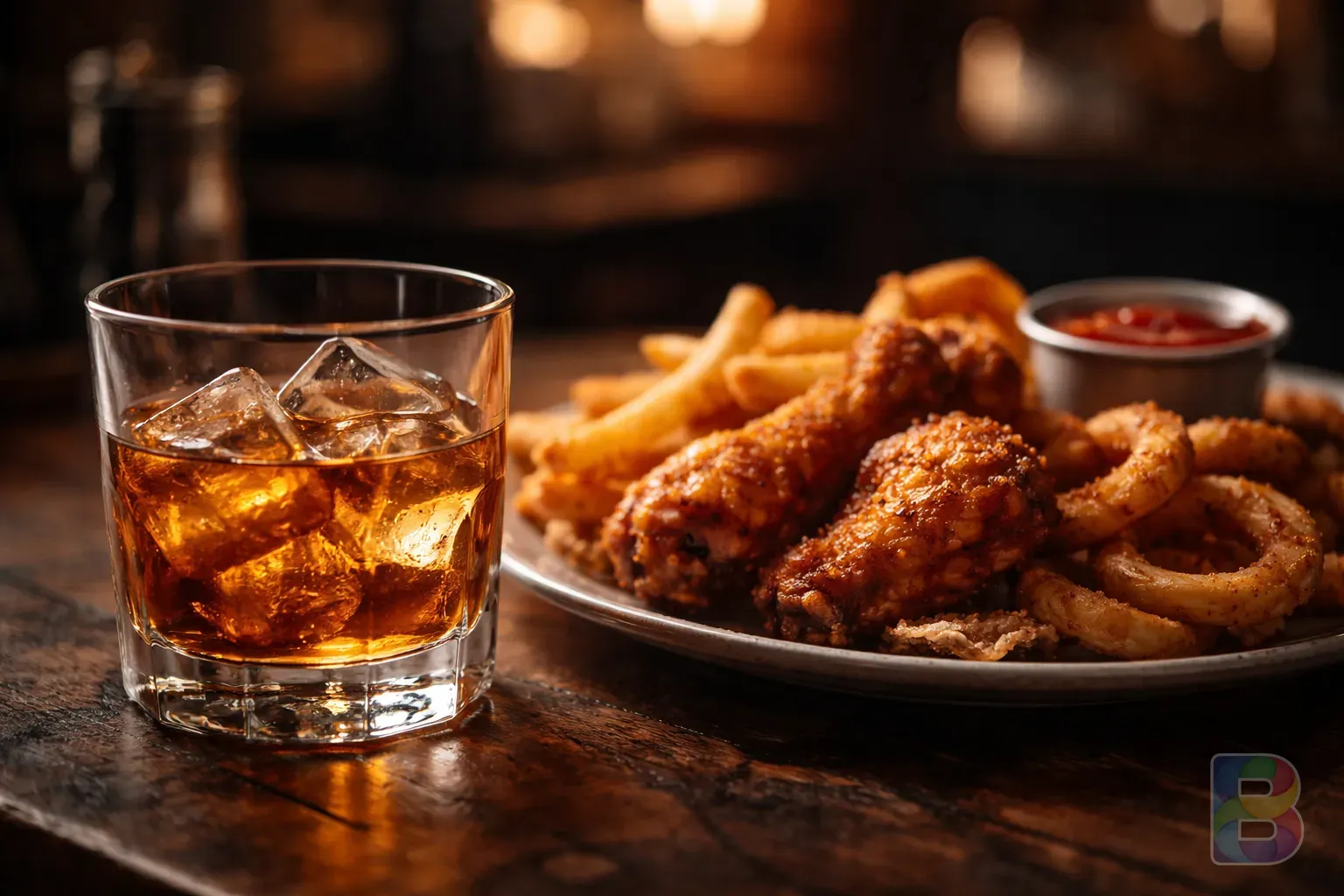 photorealistic, close-up of a glass of whiskey and a plate of greasy fried food, dark moody pub lighting, cinematic contrast, focus on the texture of grease