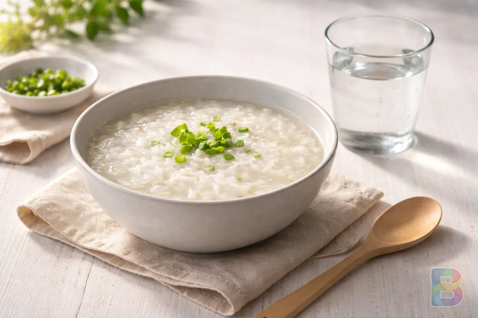photorealistic, simple bowl of clear rice porridge and a glass of water on a clean white wooden table, bright natural morning light, peaceful and healthy mood