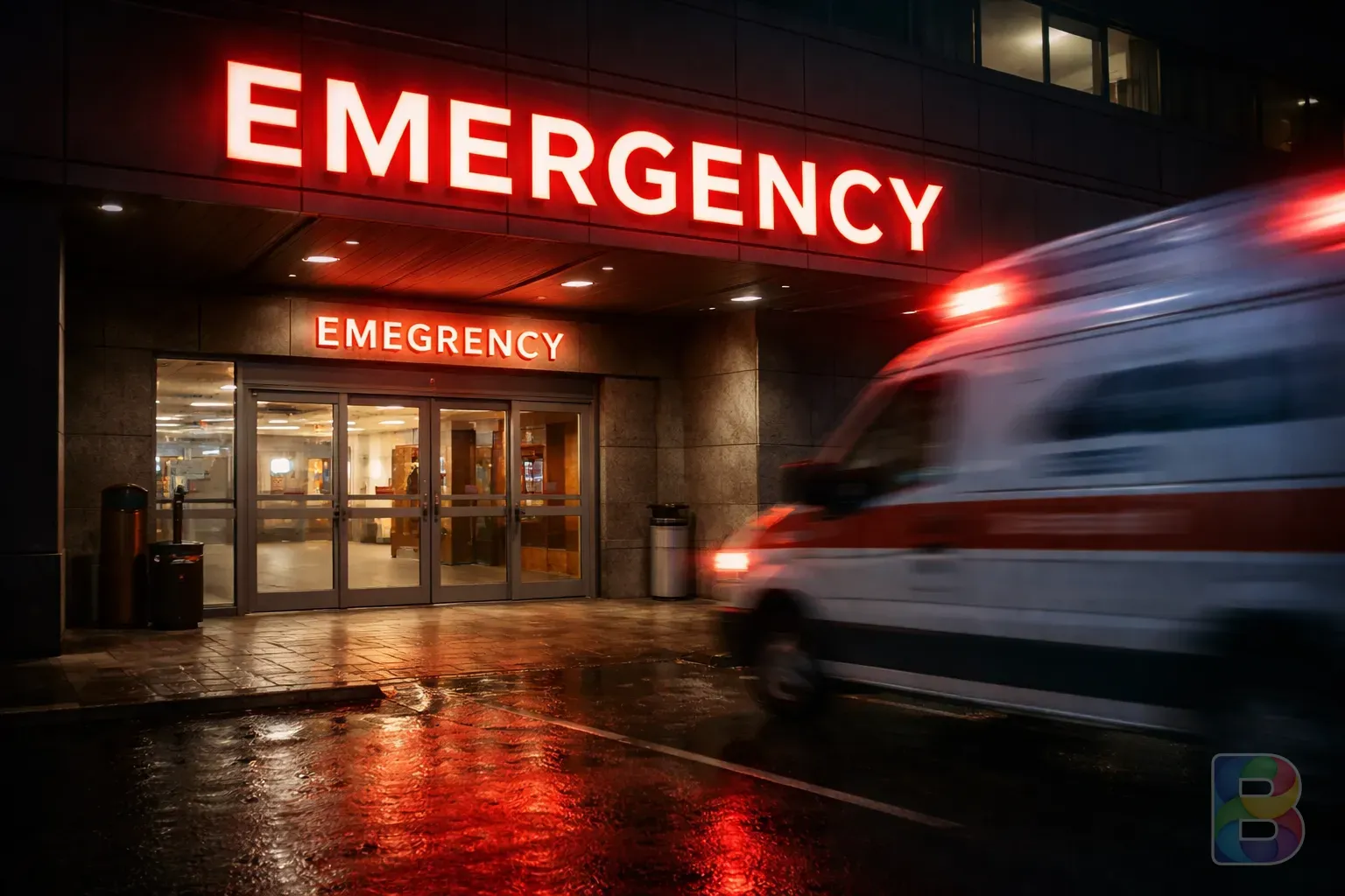 photorealistic, emergency room entrance signs with red neon lights at night, motion blur of an ambulance, urgent and dramatic lighting