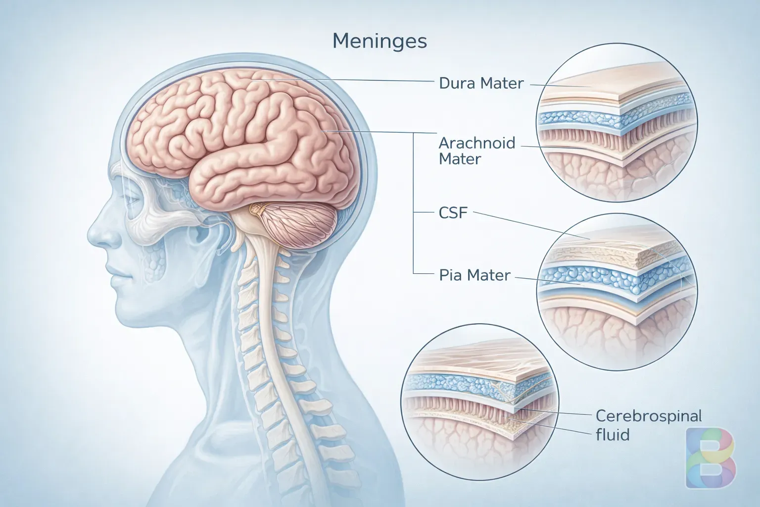 photorealistic, anatomical illustration of the human brain and spinal cord highlighting the meninges layers, clean medical background, soft blue lighting