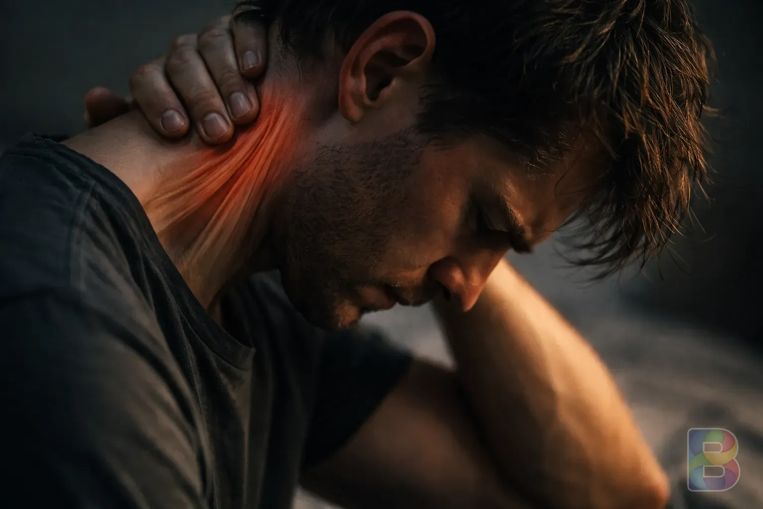 photorealistic, detail shot of a hand trying to touch the chin to the chest, showing tension in the neck muscles, cinematic soft lighting