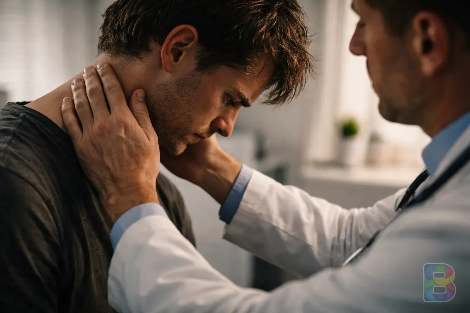 photorealistic, close-up of a doctor performing a physical exam on a patient's neck, professional clinical setting, soft lighting