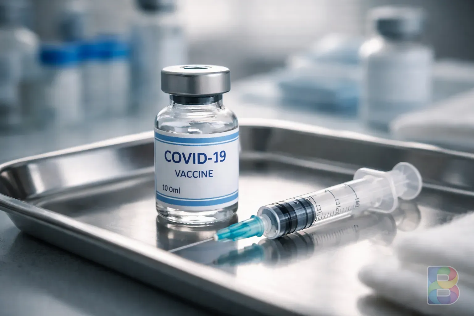 photorealistic, close-up of a vaccine vial and a syringe on a stainless steel tray, hospital environment, clean and sterile vibe