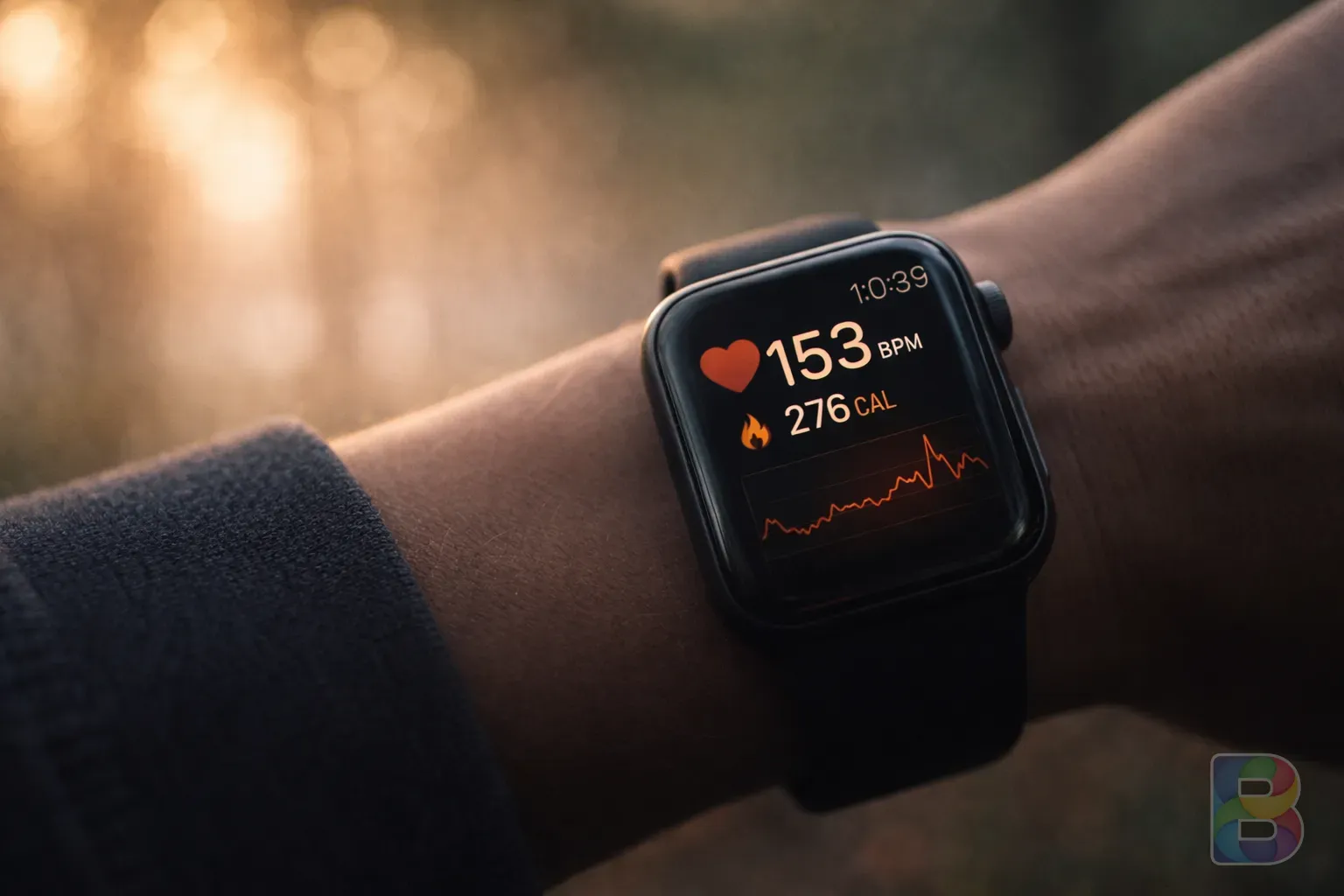 photorealistic, close-up of a smartwatch displaying heart rate and calories burned during exercise, blurred outdoor background, high detail, cinematic lighting