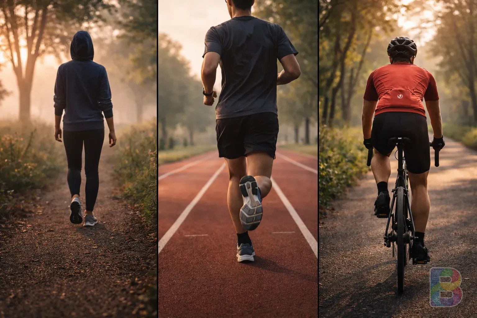 photorealistic, split screen showing a person walking in a park, running on a track, and cycling on a path, vibrant natural colors, dynamic composition
