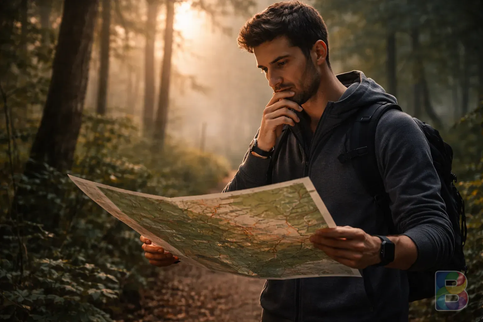 photorealistic, a person looking at a trail map in a forest, feeling of hesitation and thought, soft natural light, cinematic mood