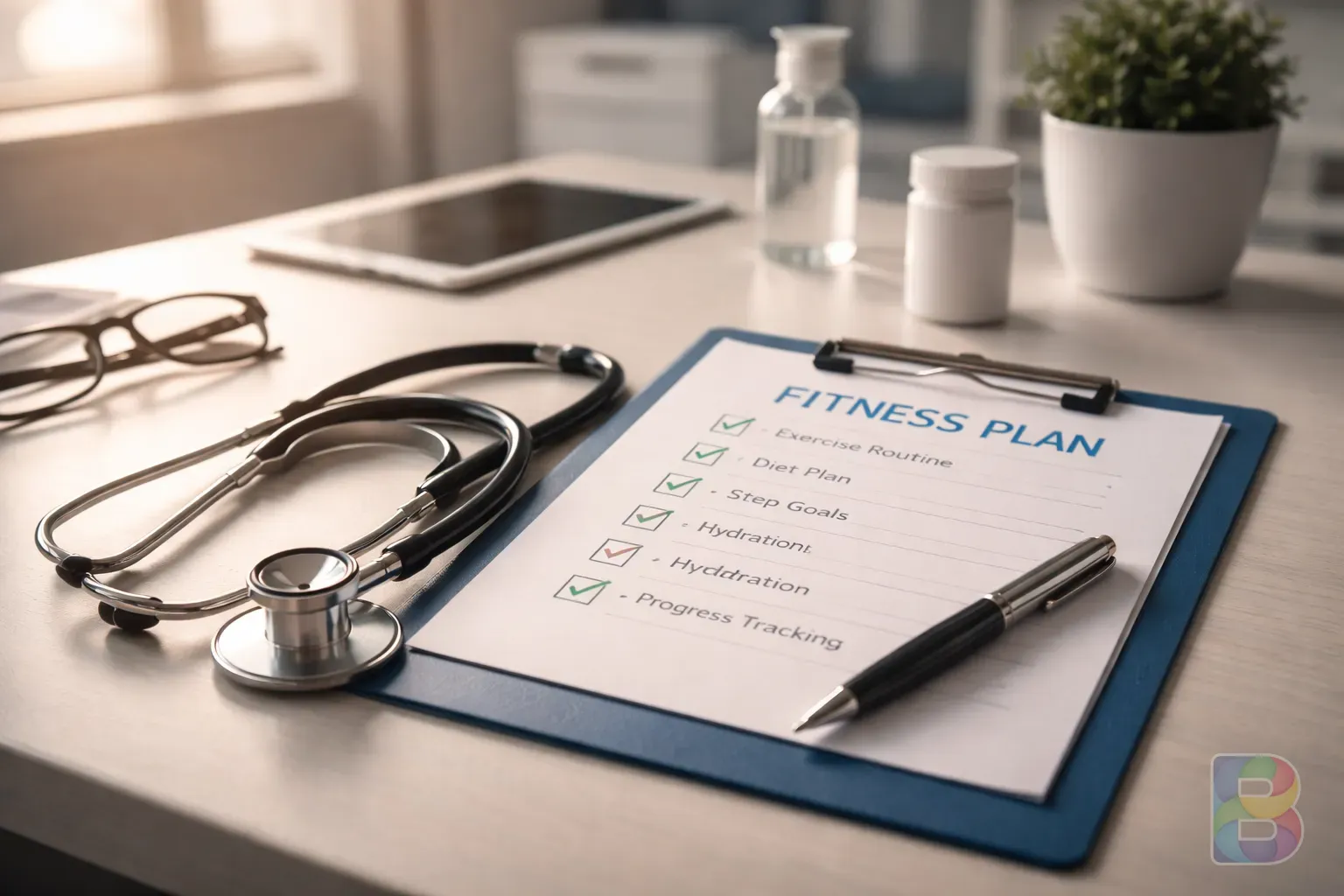 photorealistic, a doctor's desk with a stethoscope and a fitness plan checklist, professional and clean clinic environment, cinematic lighting