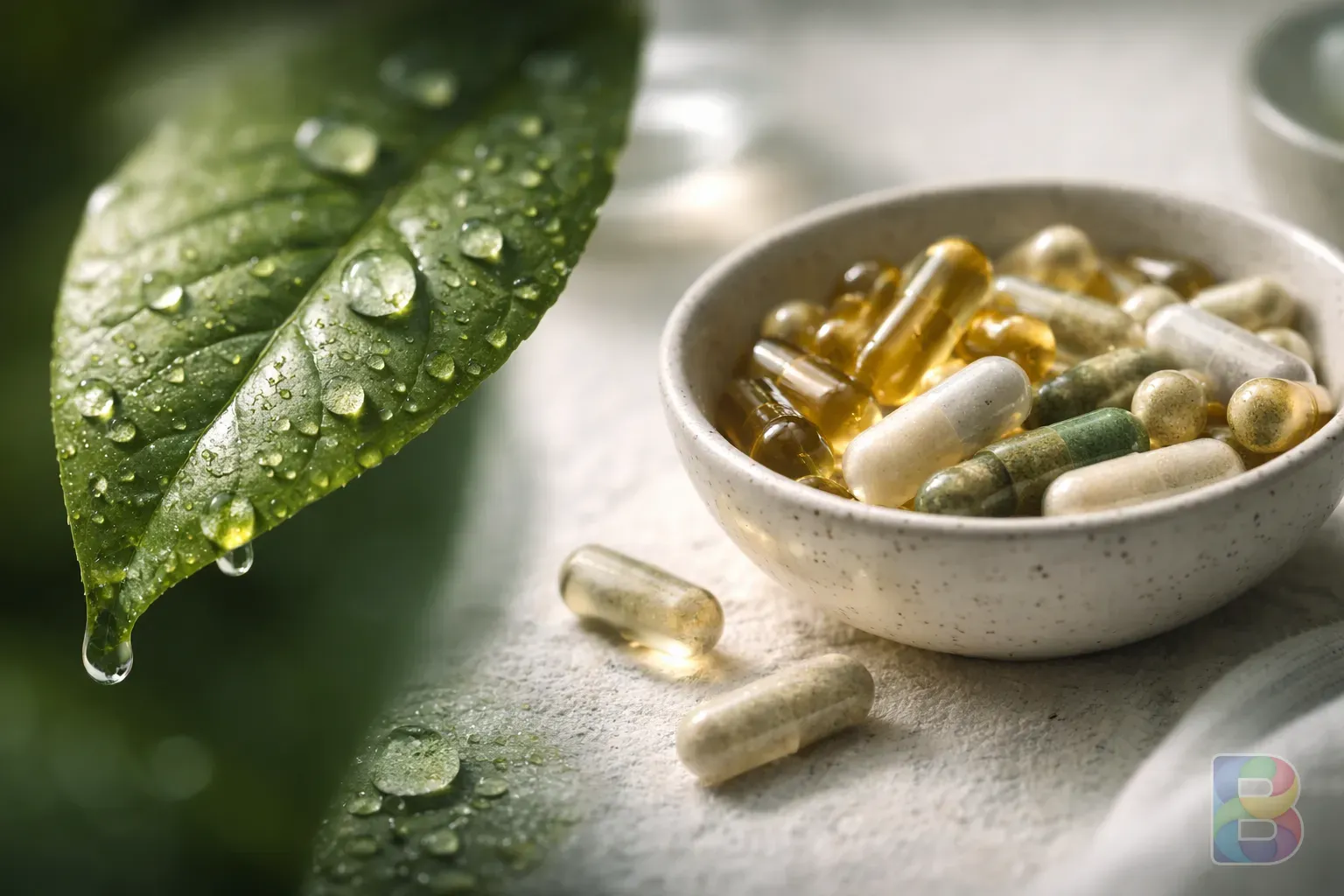 photorealistic, macro shot of clean water droplets on a green leaf and a ceramic bowl with supplements, fresh and clinical mood, cinematic lighting