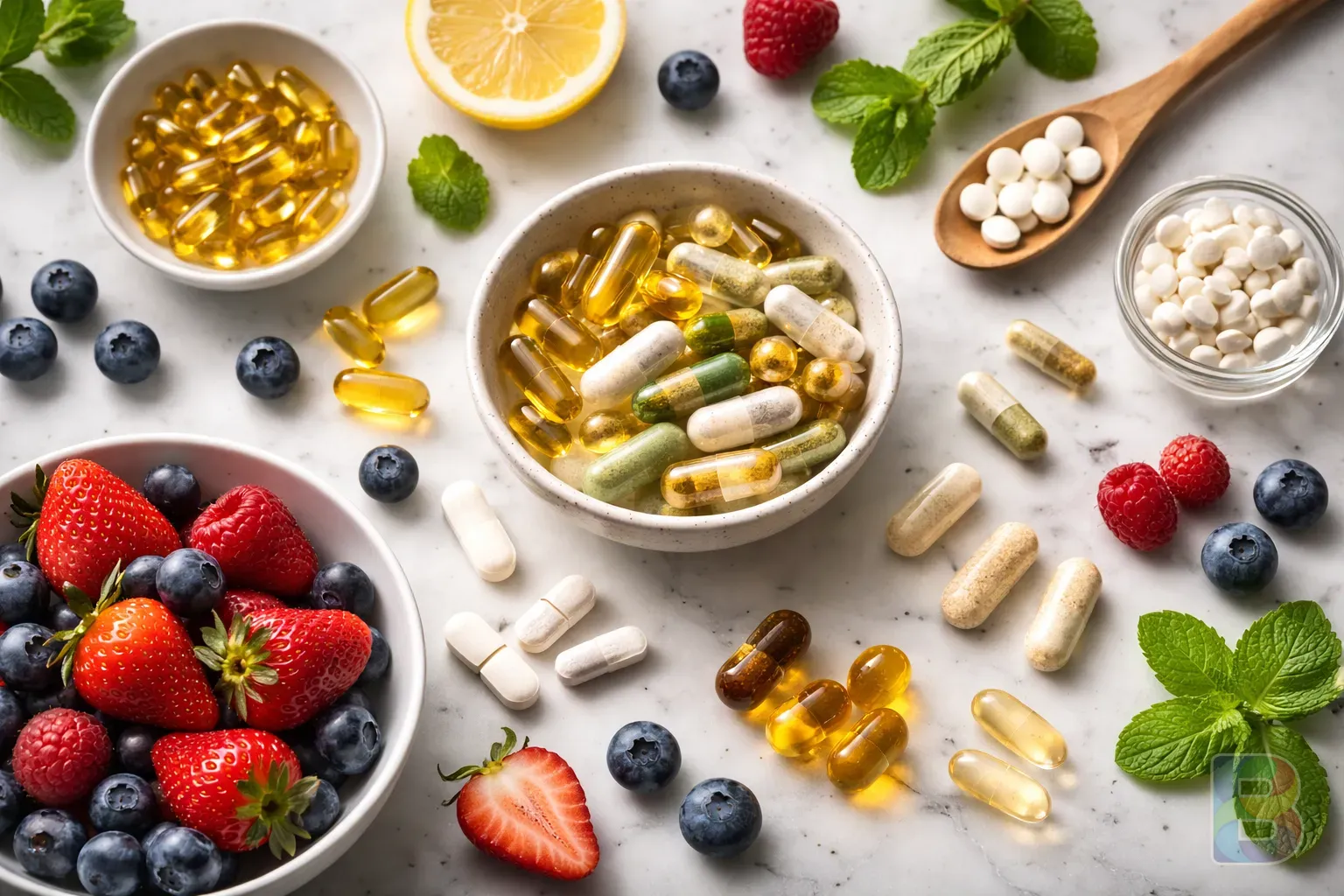 photorealistic, flat lay of various vitamins, omega-3 capsules, and fresh berries on a white marble surface, organized and professional, soft lighting