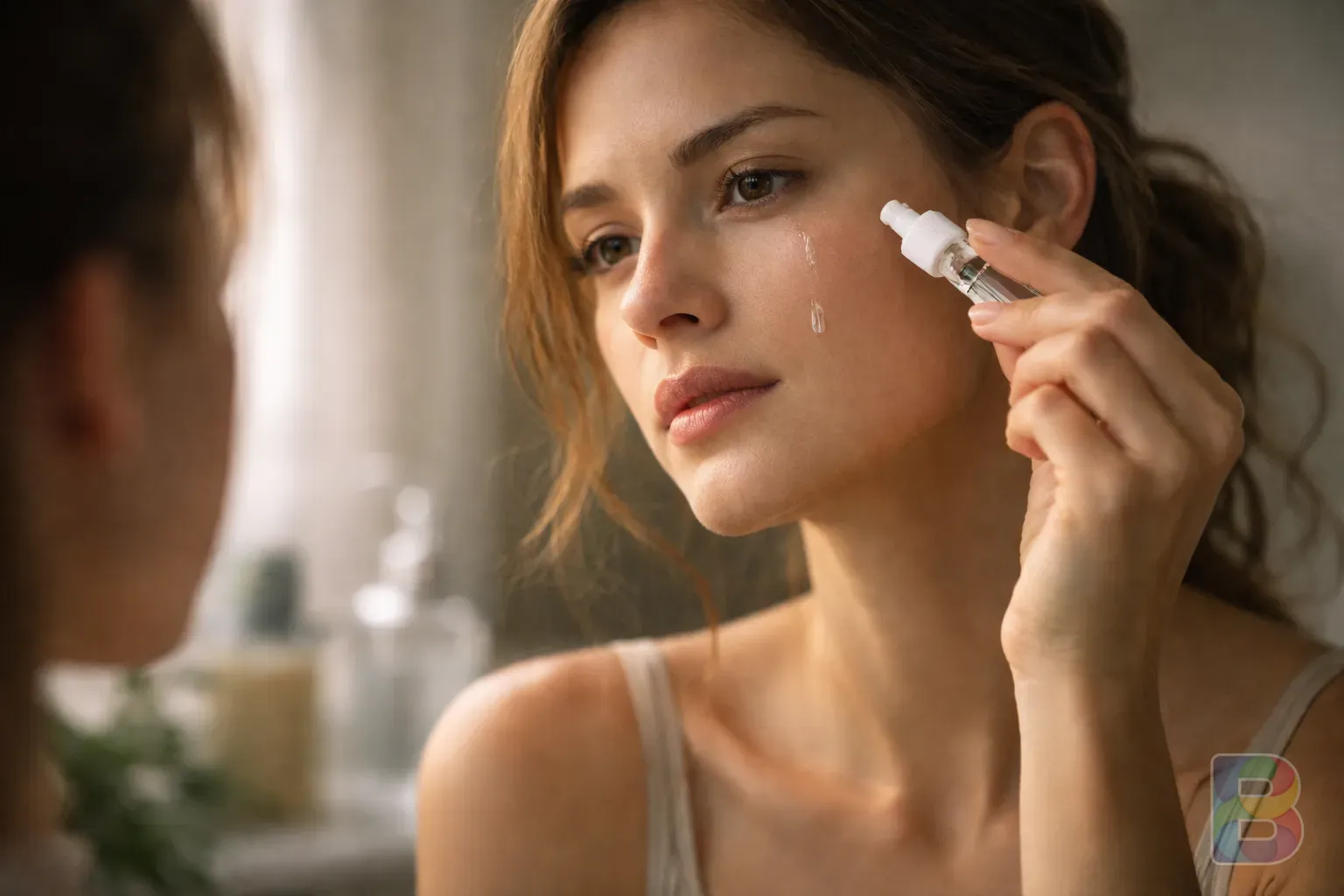 photorealistic, a person gently applying serum to their face in front of a mirror, soft morning light, calm and focused mood, cinematic depth of field