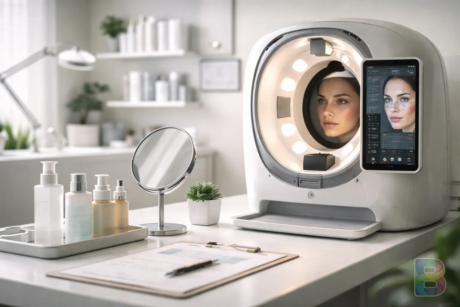 photorealistic, close-up of a dermatologist's office with a skin analysis machine, clean medical environment, professional and trustworthy mood