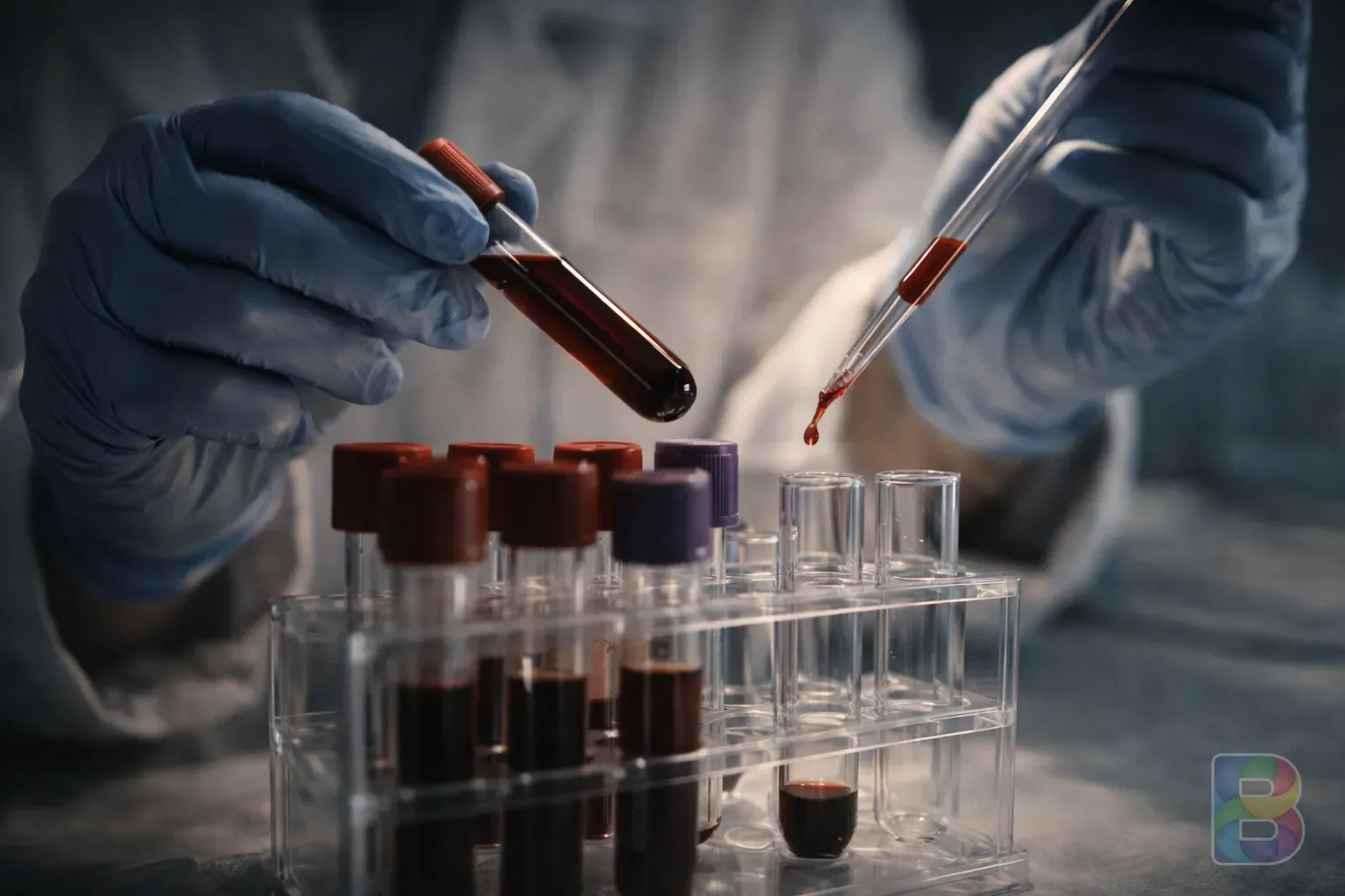 photorealistic, medical professional preparing a blood sample for laboratory testing, macro shot of test tubes, sterile environment, cinematic lighting