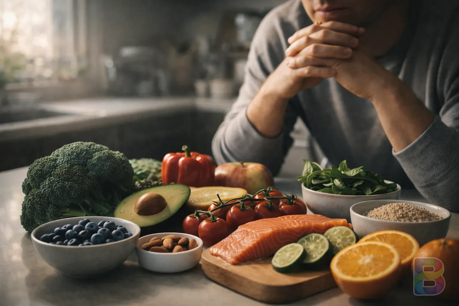 photorealistic, a person looking thoughtfully at a variety of healthy foods on a kitchen counter, soft morning light, focus on textures of vegetables and fruits