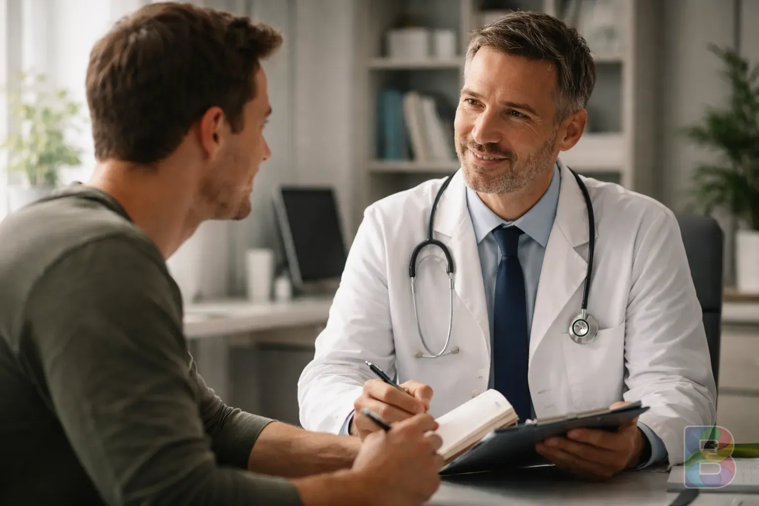 photorealistic, patient holding a notepad and talking to a friendly doctor in a modern office, reassuring and professional mood