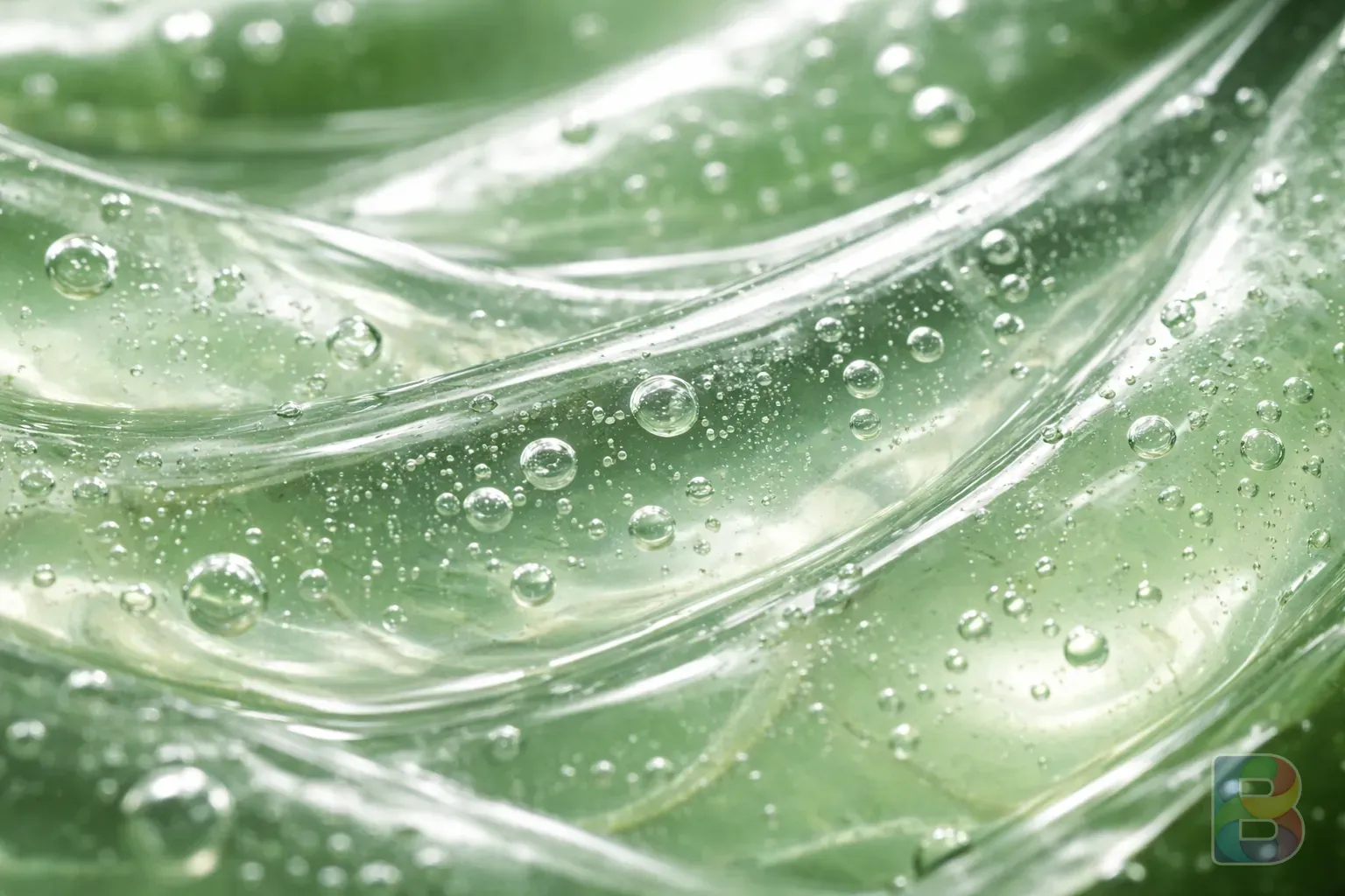photorealistic, macro shot of aloe vera gel texture, transparent with tiny air bubbles, refreshing and cooling mood, studio lighting, soft green tones