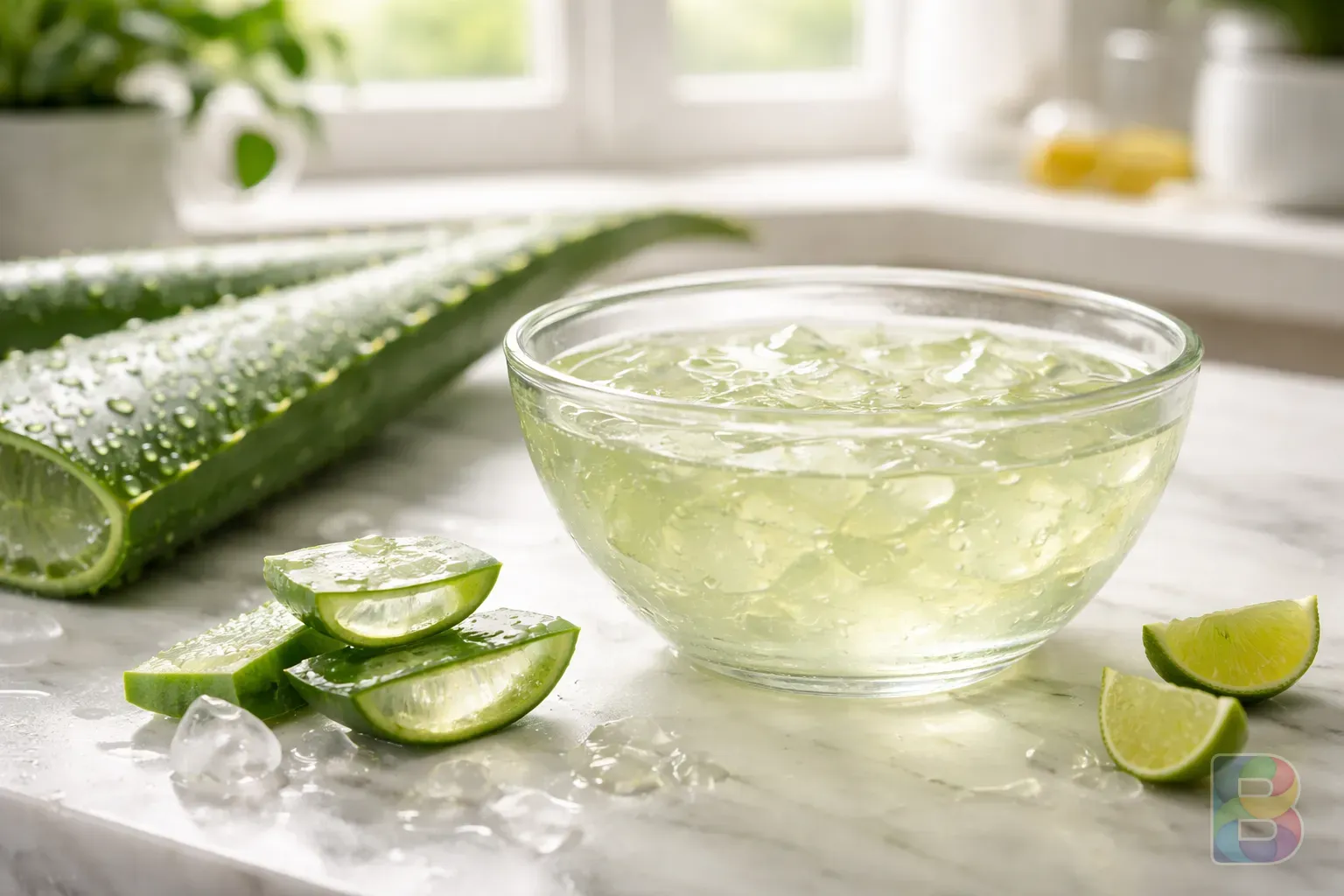 photorealistic, a bowl of aloe vera juice next to a whole aloe leaf on a clean white marble counter, bright airy kitchen mood, cinematic lighting
