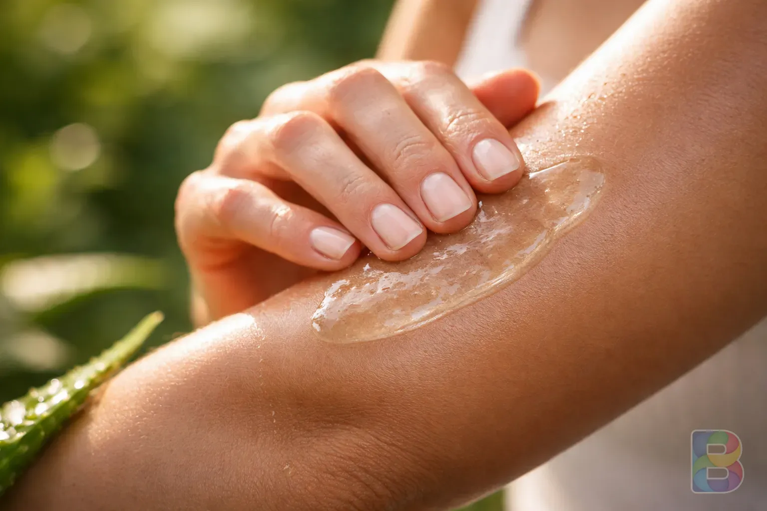 photorealistic, hand applying clear aloe gel onto a sun-kissed arm, soft focus background, natural outdoor light, cinematic feel
