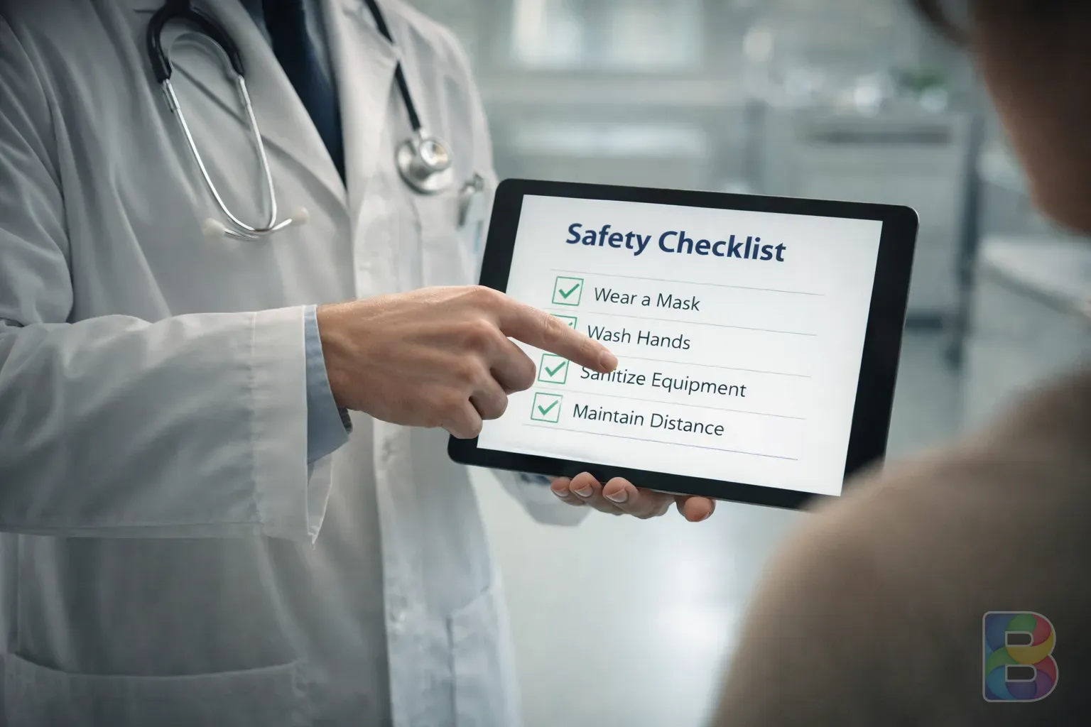 photorealistic, a doctor pointing to a safety checklist on a tablet screen, modern clinic interior, professional and reassuring lighting
