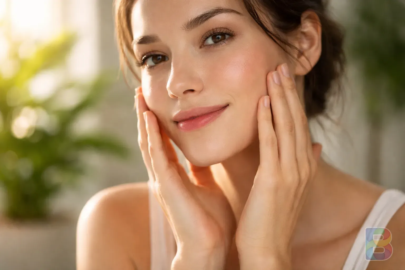 photorealistic, person gently touching their smooth facial skin, reflecting health and vitality, soft focus background with green plants, cinematic lighting