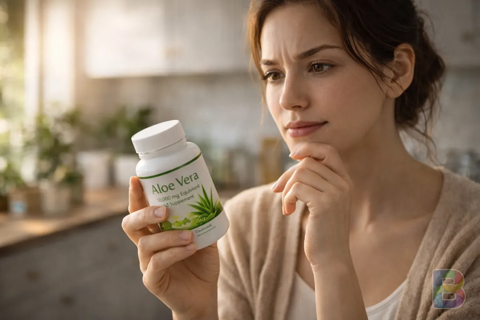 photorealistic, a person looking thoughtfully at an aloe vera supplement bottle, kitchen background, natural morning light, realistic lifestyle shot