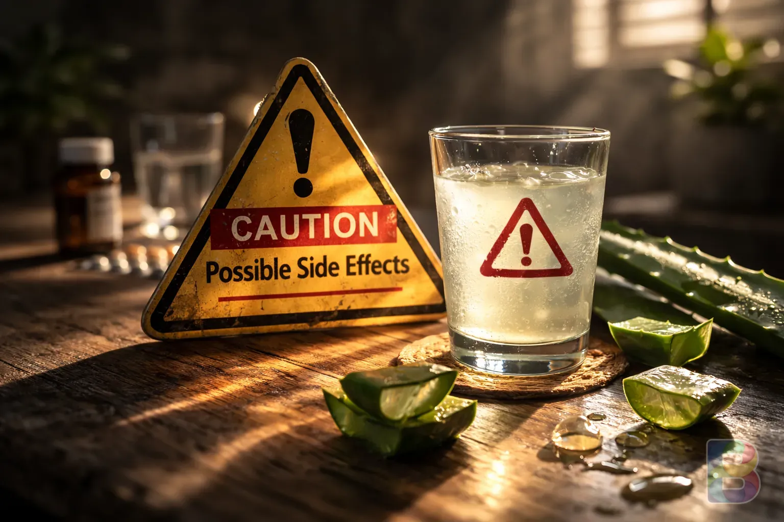 photorealistic, a warning sign next to a glass of aloe juice, dark moody lighting, cinematic safety concept