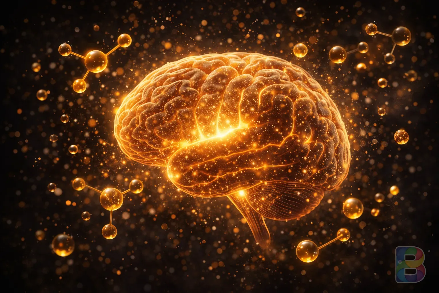 photorealistic, conceptual shot of a human brain glowing with golden light, surrounded by floating particles of antioxidants and omega-3 molecules, dark background, cinematic lighting