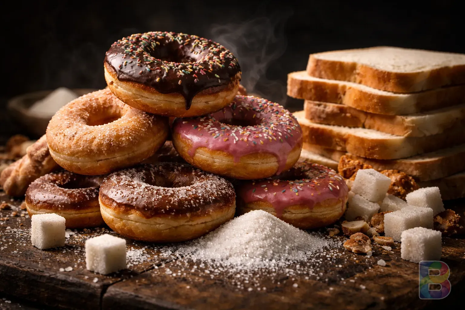 photorealistic, dark moody shot of a pile of donuts and processed white bread, high contrast lighting, symbolizing the dangers of sugar