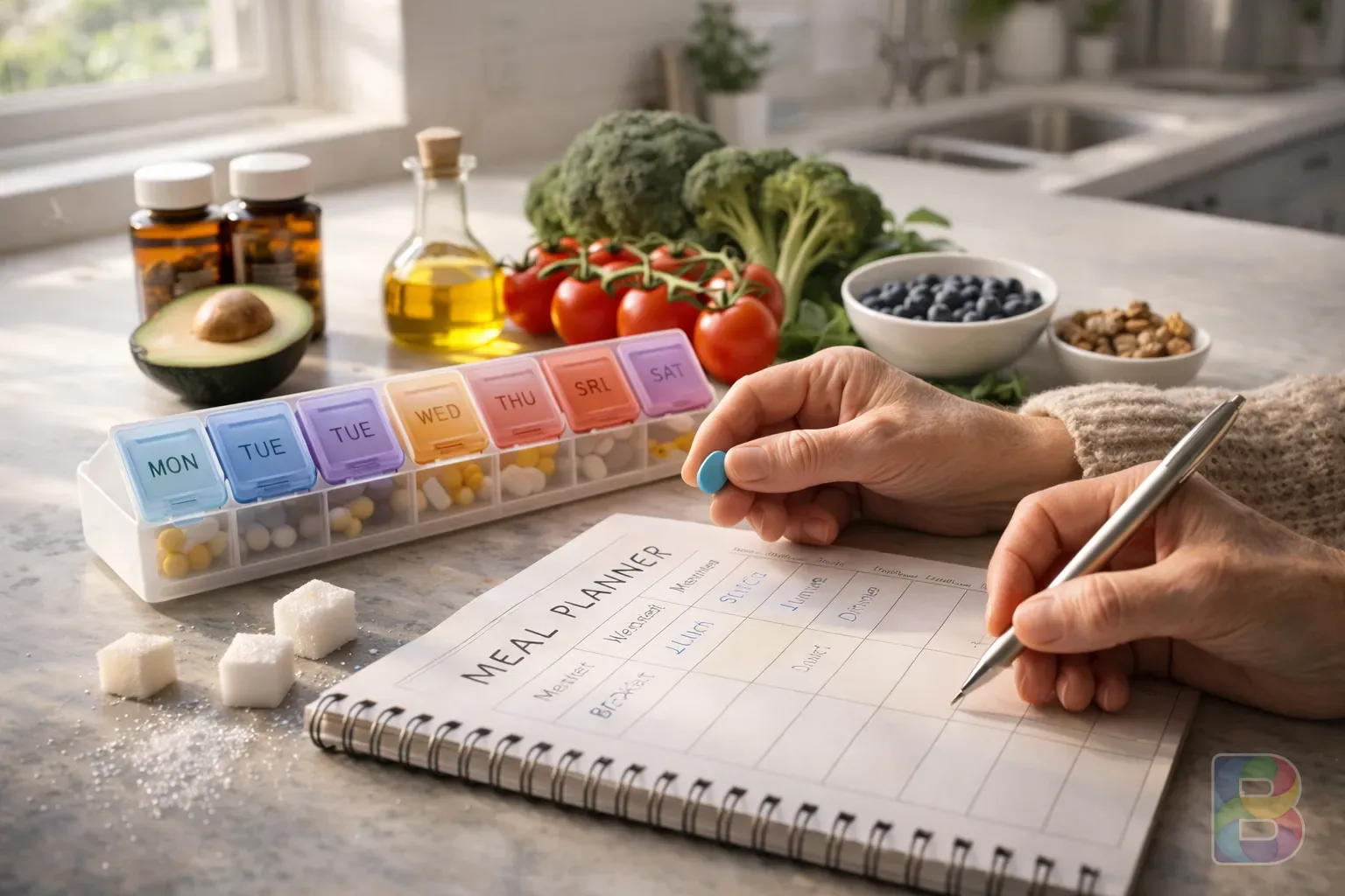 photorealistic, a person organizing a weekly pill box and a meal planner with fresh ingredients, clean kitchen background, bright morning light
