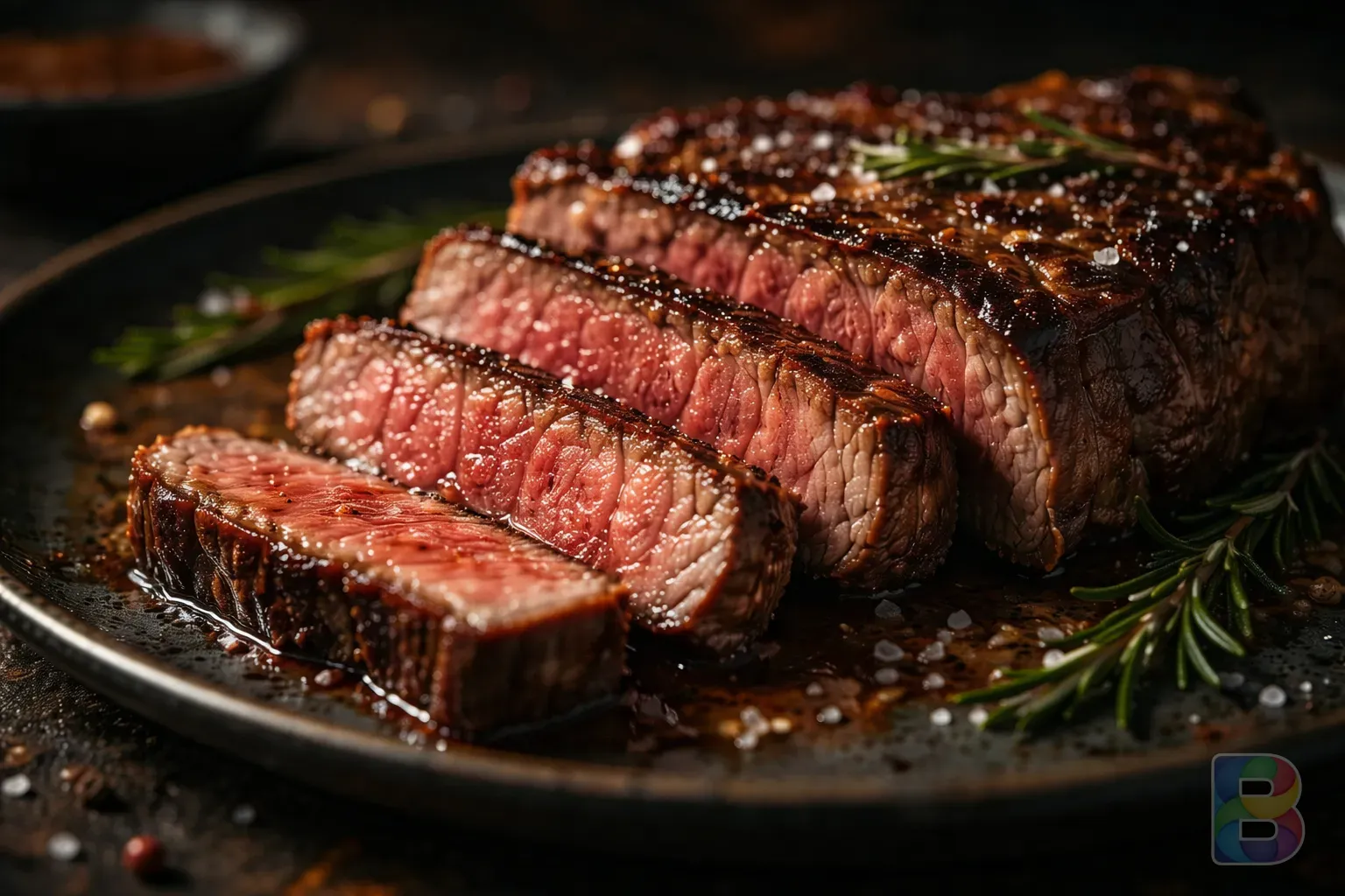photorealistic, high-detail macro shot of a juicy medium-rare beef steak sliced on a dark plate, shimmering texture, cinematic lighting, rich colors