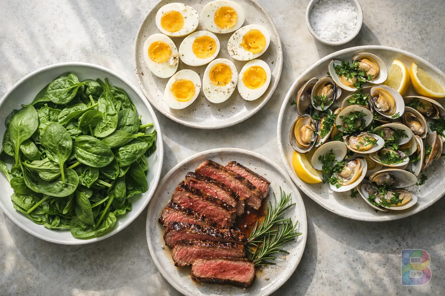 photorealistic, top-down view of a healthy table with spinach, boiled eggs, clams, and red meat arranged artistically, bright natural light, clean food styling