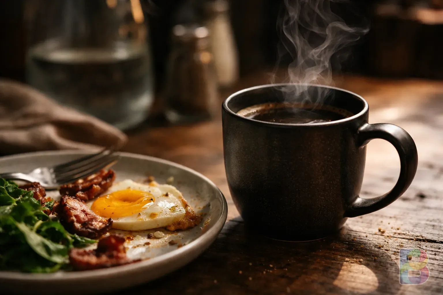 photorealistic, close-up of a steam rising from a dark coffee cup next to a half-eaten meal, soft focus background, cinematic lighting, warm tones