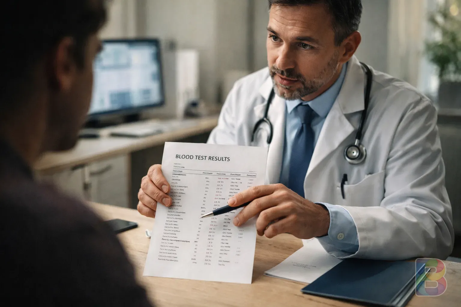 photorealistic, doctor in white coat pointing to a blood test result paper while talking to a patient, modern clinic interior, reassuring lighting