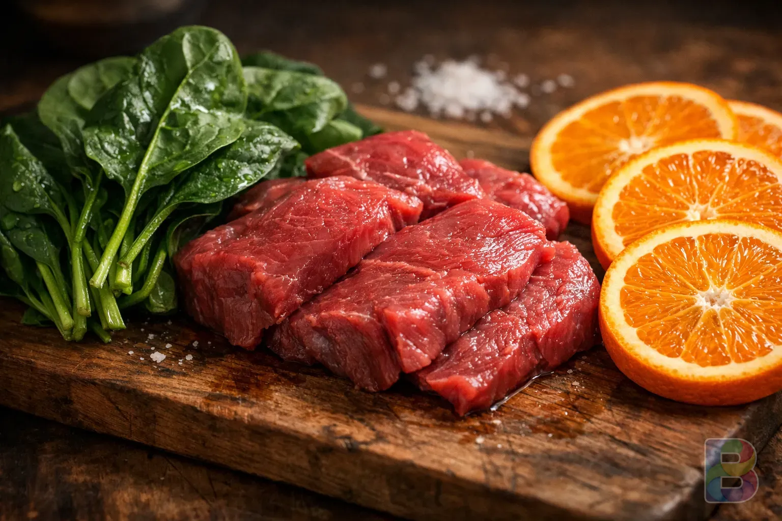 photorealistic, detail shot of fresh red lean meat, spinach, and sliced oranges on a wooden cutting board, vibrant colors, cinematic lighting, high detail food photography