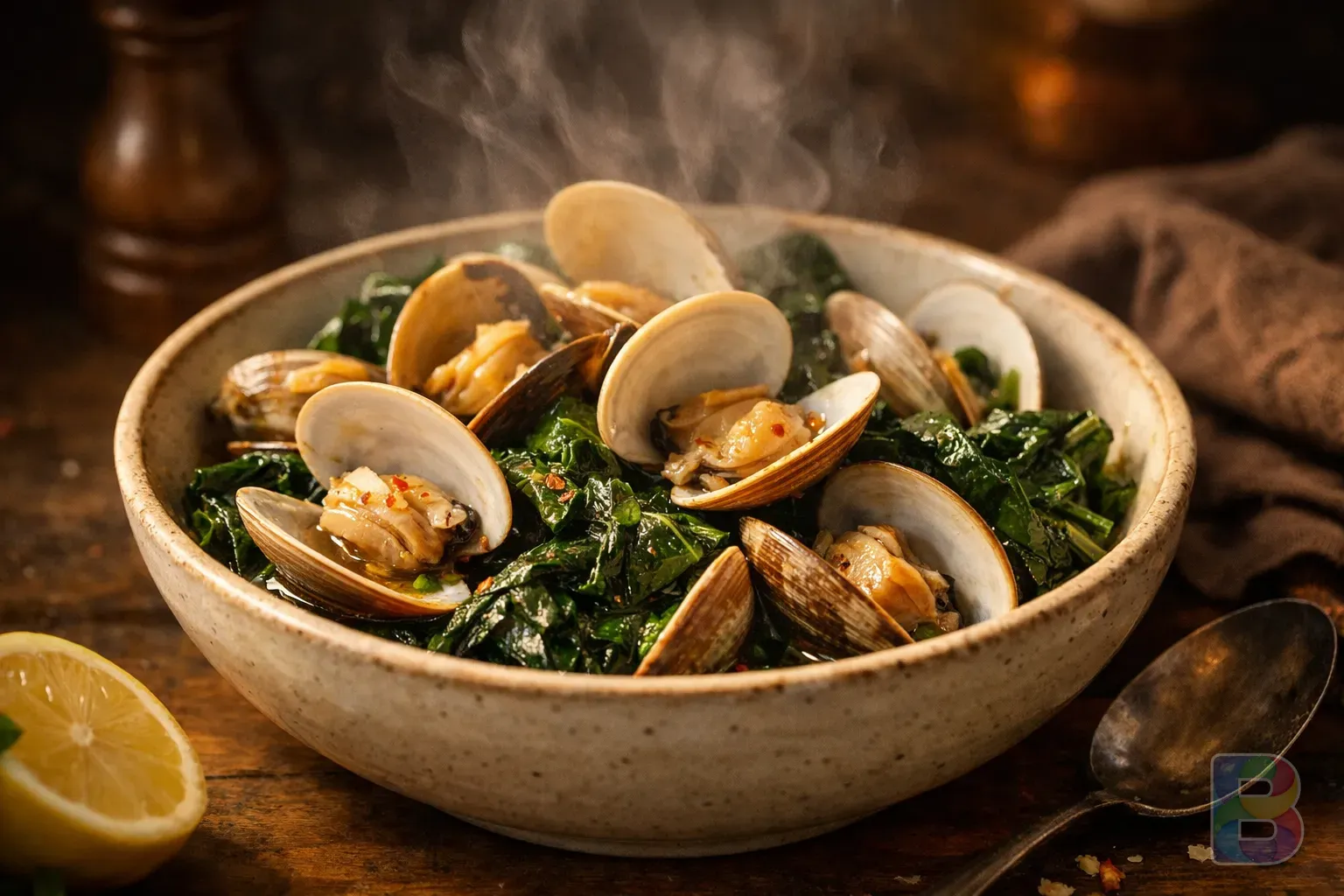 photorealistic, close-up of a bowl of steamed clams and dark leafy greens, steam rising, warm cozy lighting, professional food styling