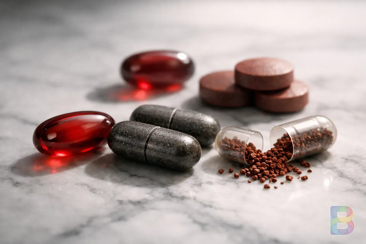 photorealistic, macro shot of different types of iron supplement capsules on a marble surface, clean clinical look, soft shadows
