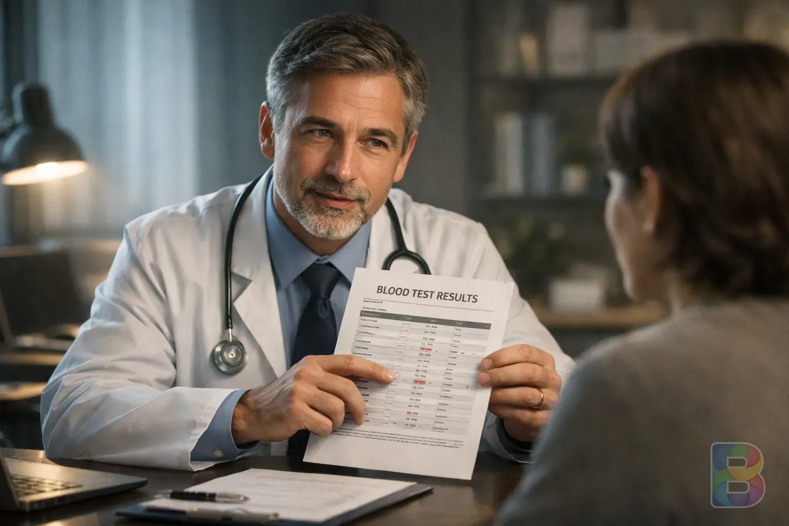 photorealistic, focused doctor holding a blood test report, explaining results to a patient in a modern office, reassuring professional atmosphere