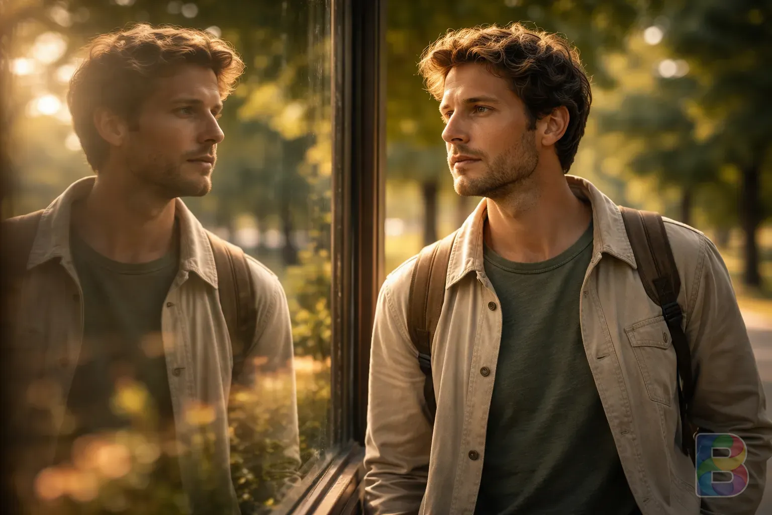 photorealistic, a person looking at a reflection in a window while walking in a park, soft lens flare, thoughtful expression, cinematic lighting