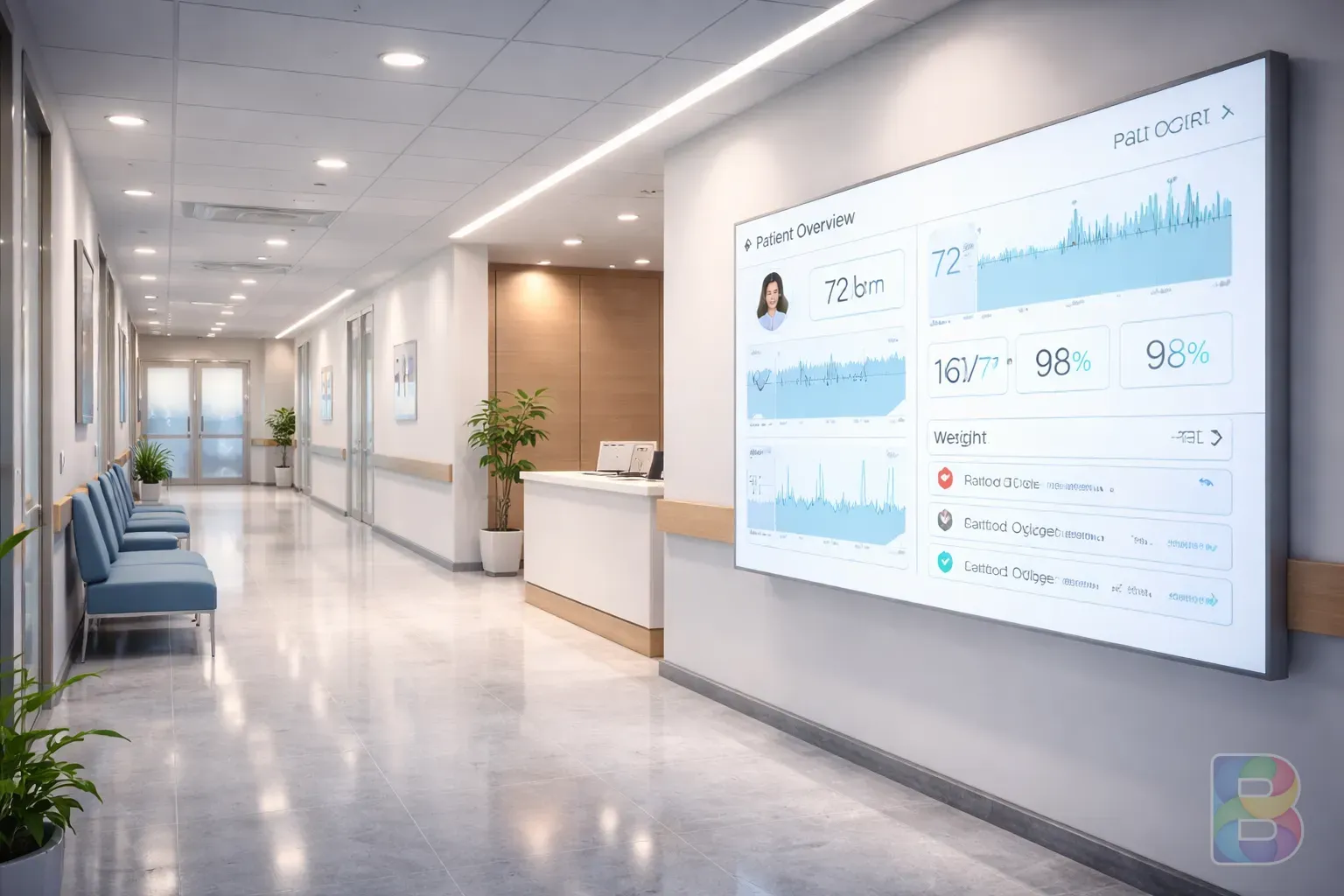 photorealistic, a clean modern hospital hallway with a digital health dashboard visible, soft clinical lighting, professional and trustworthy atmosphere