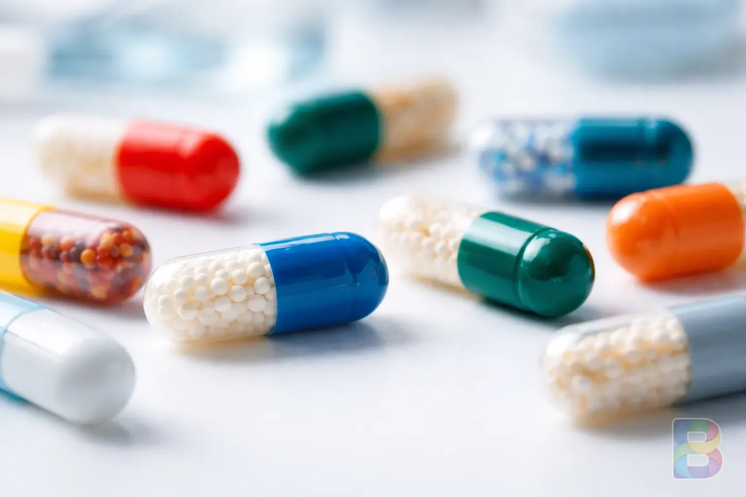 photorealistic, macro shot of various colorful medical capsules on a clean white surface, soft clinical lighting, sharp focus, professional medical photography