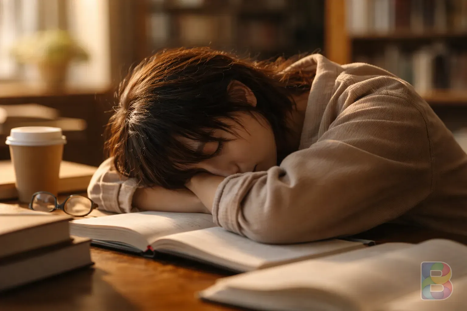 photorealistic, close-up of a person resting their head on a desk in a sunlit library, feeling drowsy, soft focus, warm cinematic tones