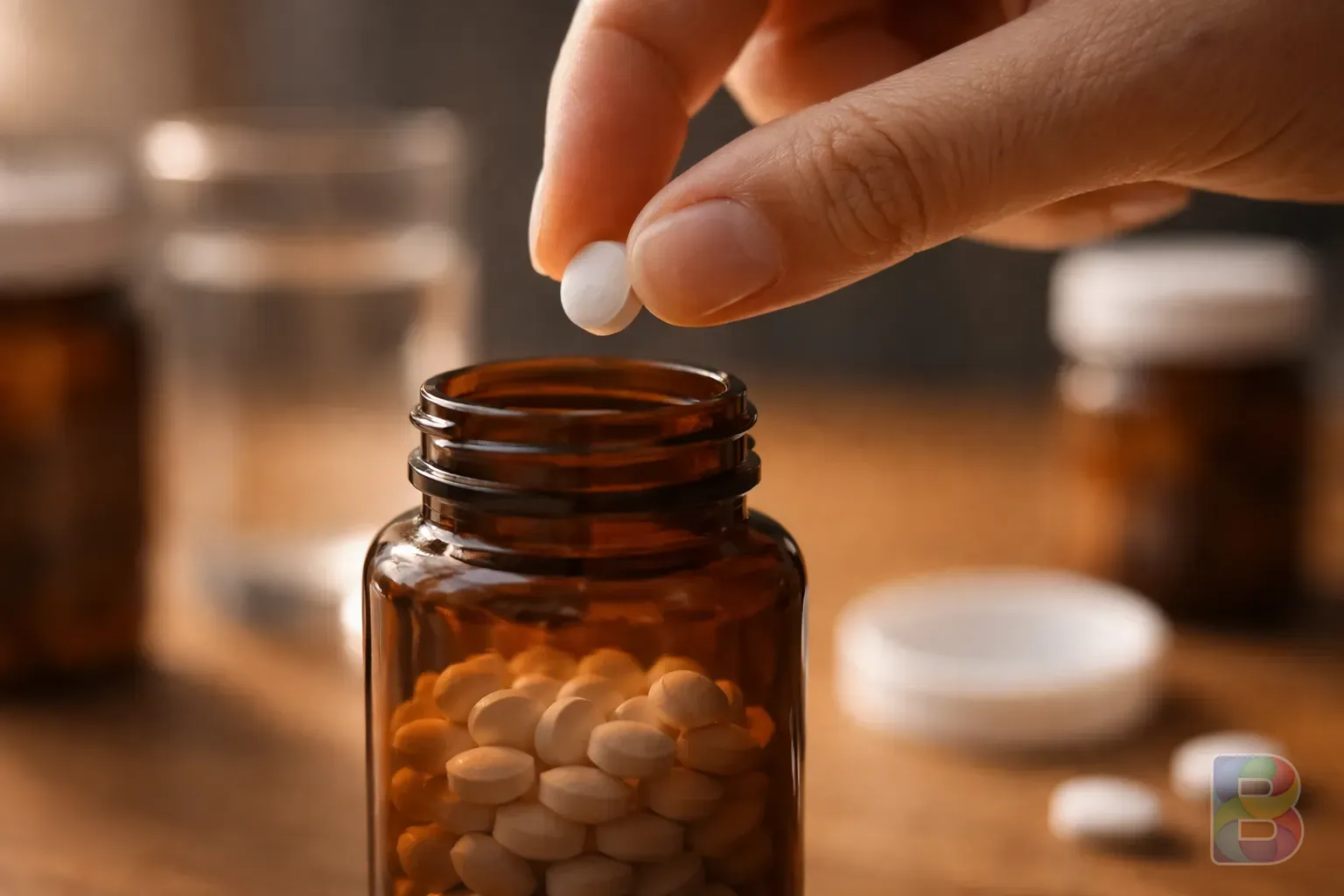 photorealistic, a hand carefully placing a small white pill back into a bottle, focus on the hand and bottle, soft indoor lighting, cautious mood