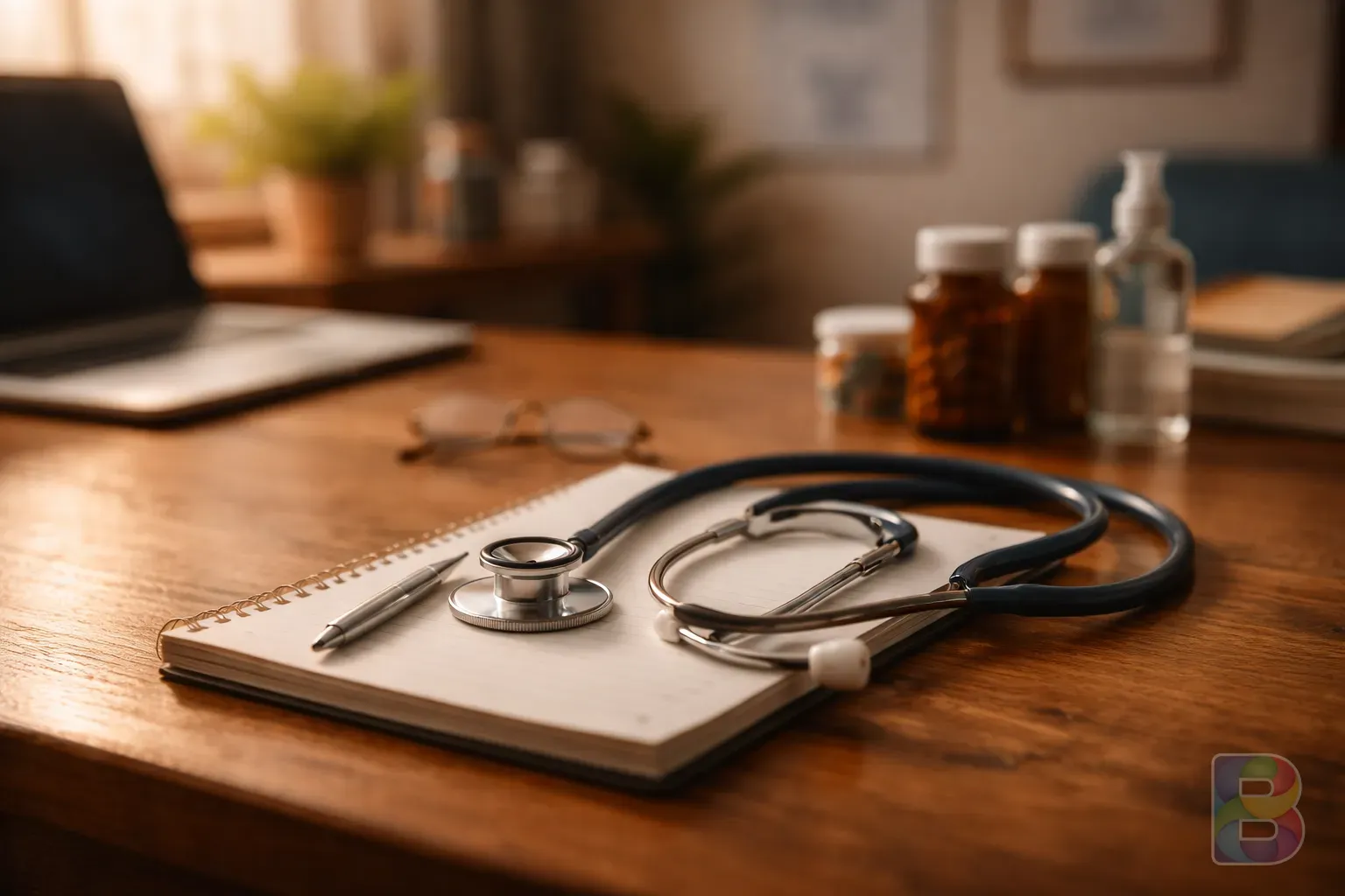 photorealistic, a doctor's office with a stethoscope and a notepad on a wooden desk, warm reassuring atmosphere, cinematic lighting