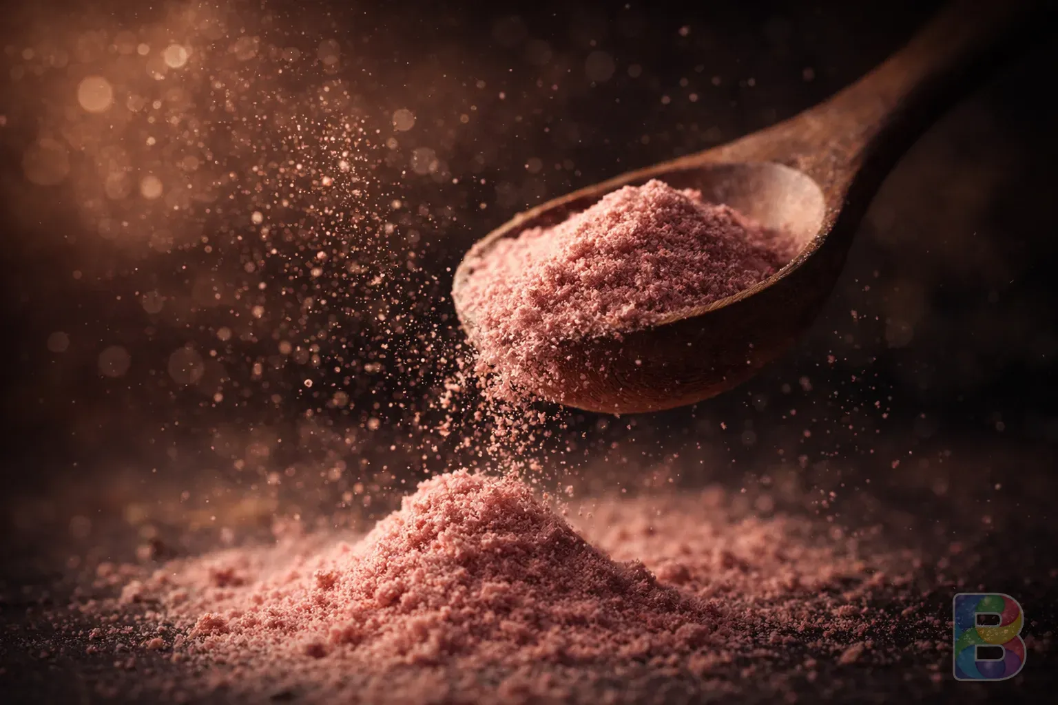 photorealistic, close-up of fine pinkish-red apple powder spilling from a wooden spoon, dust particles in the air, soft warm lighting, macro photography