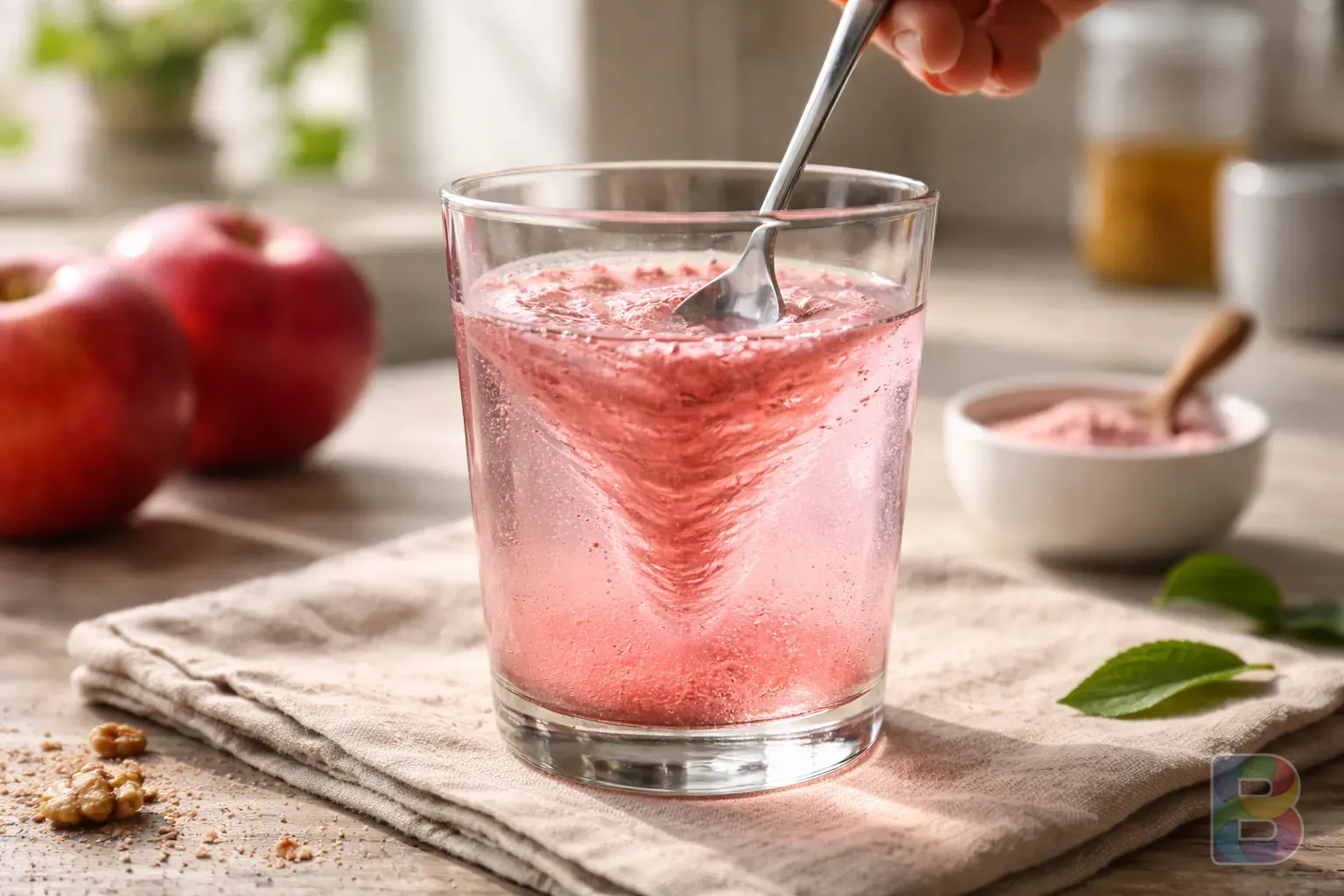 photorealistic, a glass of water with apple powder being stirred by a silver spoon, whirlpool effect, bright and clean kitchen background, cinematic lighting