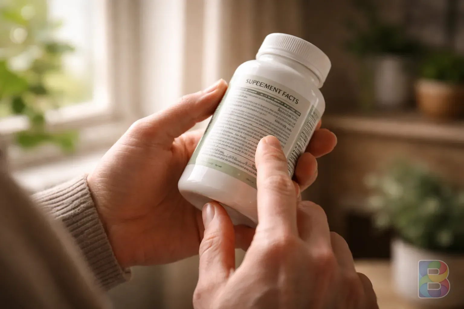 photorealistic, a person reading the label of a supplement bottle carefully in a sunlit room, focus on the hand and the label, blurred interior