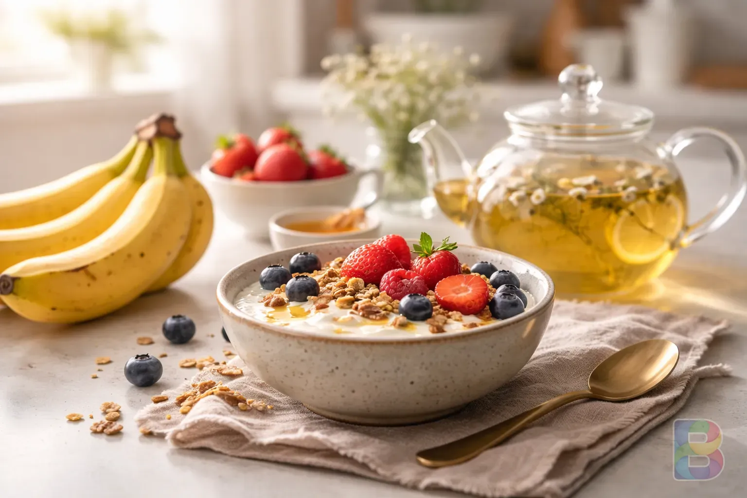 photorealistic, aesthetic arrangement of a banana, a bowl of yogurt with berries, and a chamomile tea pot, bright clean kitchen background, soft focus