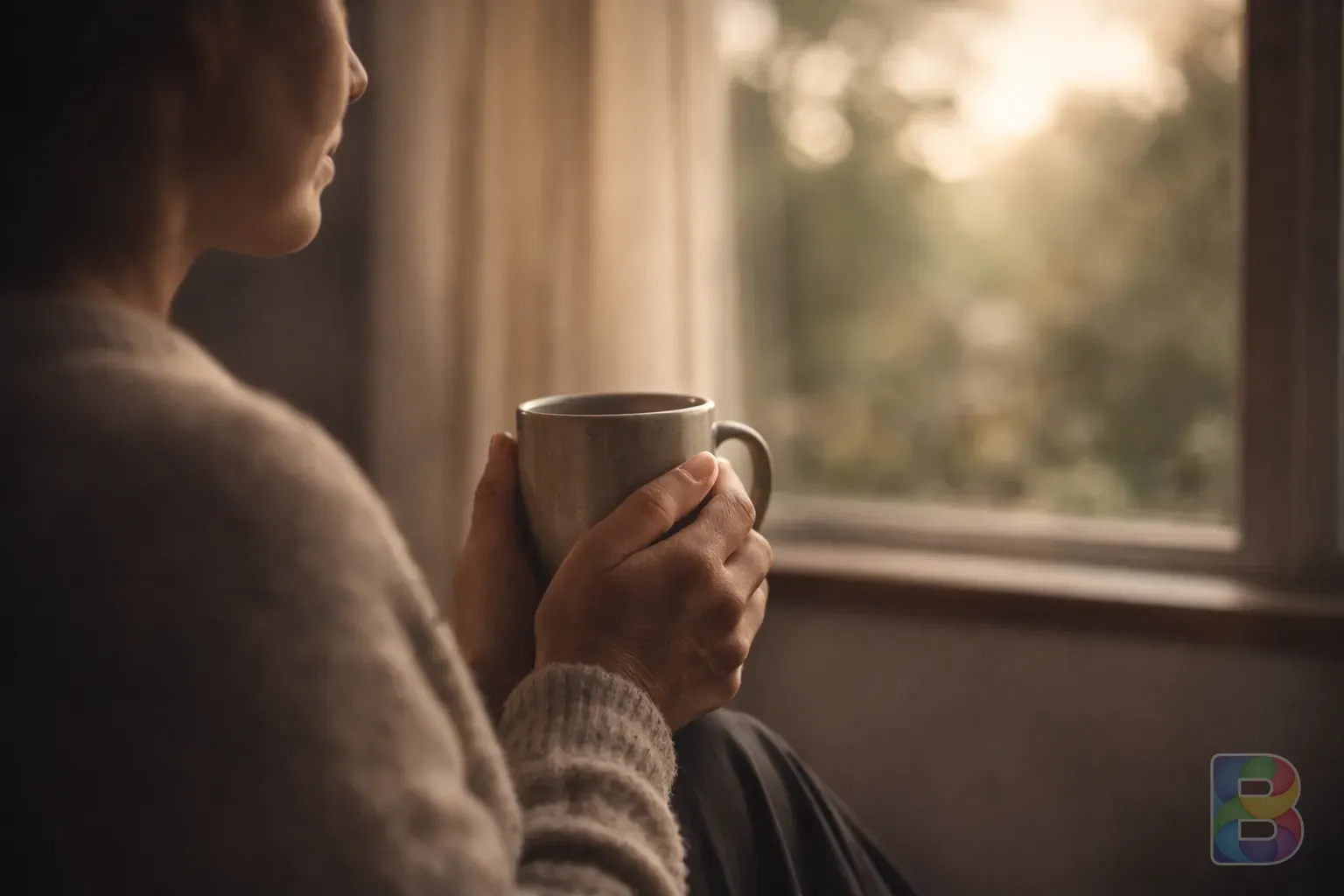 photorealistic, person sitting by a window holding a warm cup with both hands, looking outside calmly, soft focus, cinematic lighting, serene mood