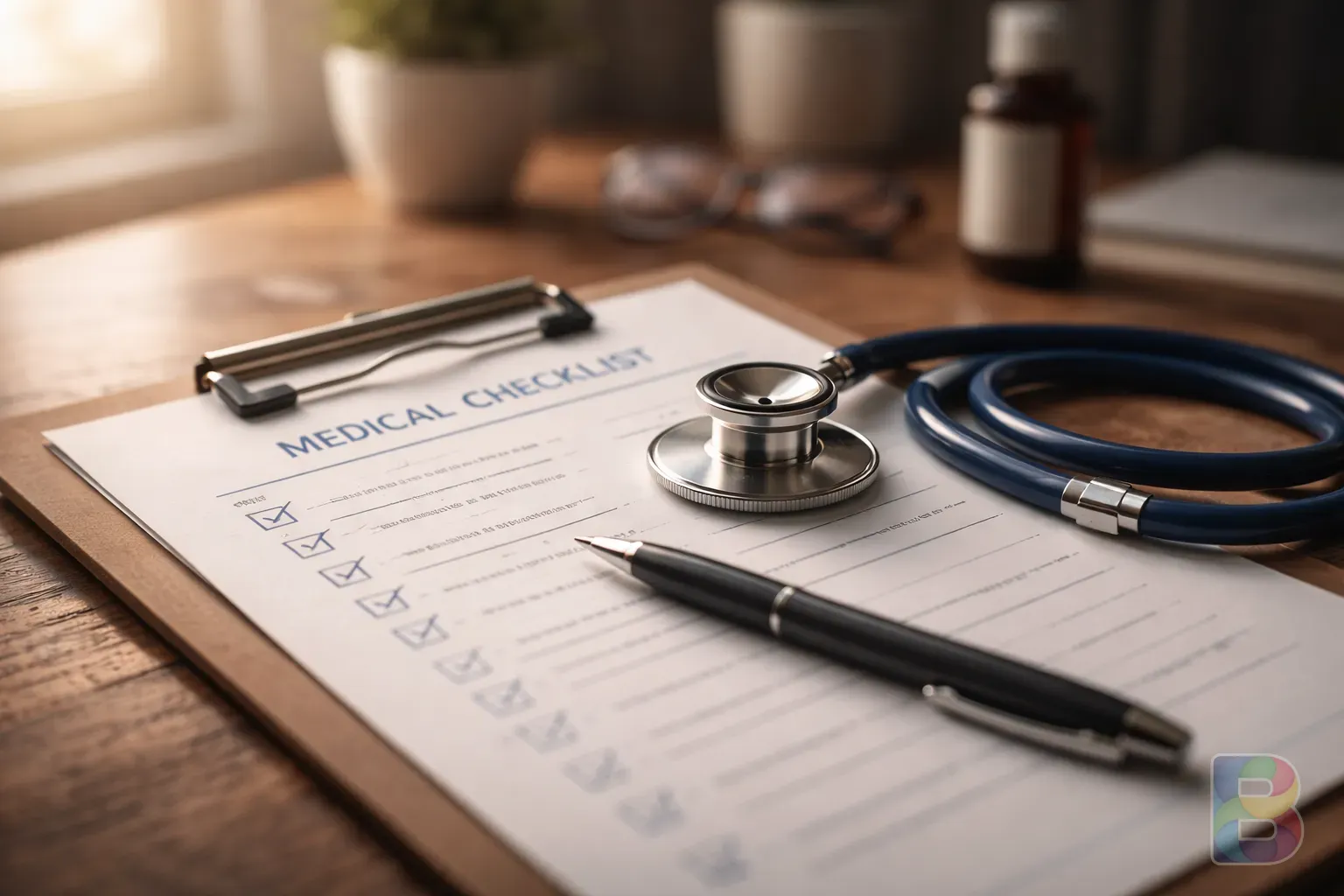 photorealistic, close-up of a medical checklist and a stethoscope on a wooden desk, soft natural light, professional and reassuring atmosphere